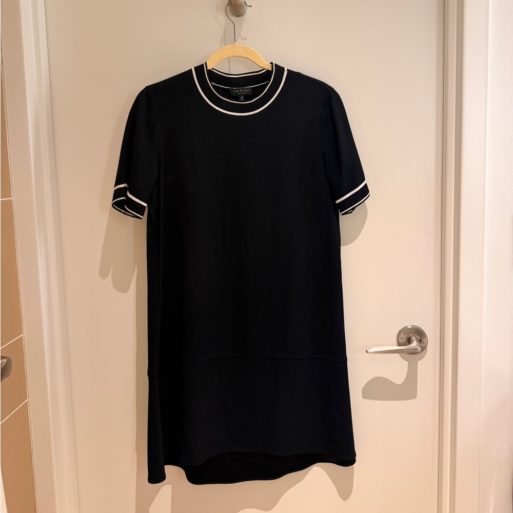 Black Short Sleeve Crepe Mini Dress with Grosgrain Trim